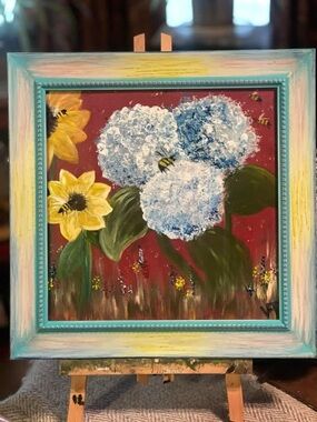 Floral Acrylic Painting/ Blue Hydrangea & Yellow Sunflowers “RED WHITE & BLOOM”